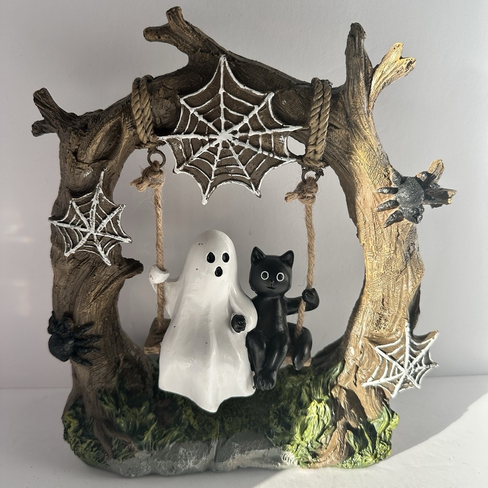Sweet Street Ghost Black Cat Swing Halloween Tree Figurine Spider Web Decor 10"